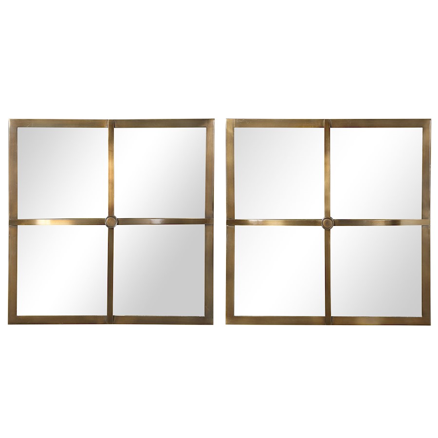Uttermost Window Pane Square Mirrors, Set of 2, Antique Brushed Brass